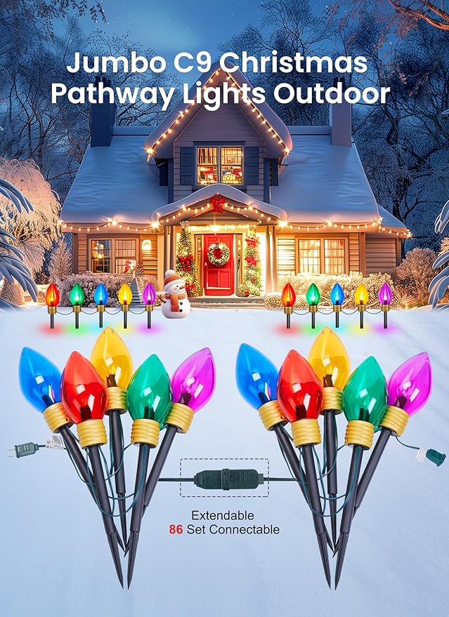 Christmas Lights Jumbo C9 Outdoor Lawn Decorations with Pathway Marker Stakes, 4 Pack 10.5 Feet String Lights Covered Jumbo Multicolored Light Bulb for Holiday Outside Yard Garden Decor, 20 Lights