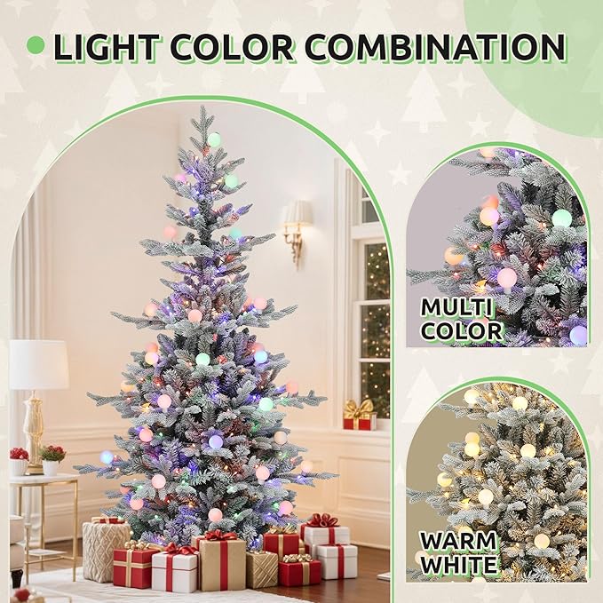 GOOBED 6FT Prelit Flocked Christmas Tree with Remote, Layered Hinged Flocked Christmas Tree w/ 1338 PE & PVC Mixed Tips, 270 Warm-White & Color Changing Lights w/Removable Bulbs,11 Modes
