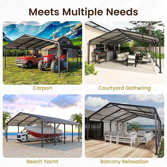 Wisteria Lane 20'x20' Metal Carport with Updated Roof & Enhanced Base, Heavy Duty Canopy Carport Garage, Vertaile for Car, Truck, Boat, Tractors, Party, Dark Gray