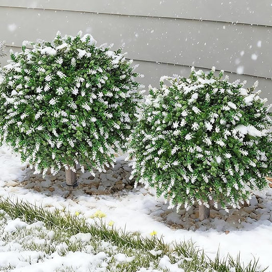 HyeFlora 26'' Artificial Topiary Boxwood Ball Trees with Lavender 2 Pack Fake Plants for Outdoor Indoor Artificial Shrubs with Ground Spike UV Resistant Fake Bushes for Front Porch Garden (White)