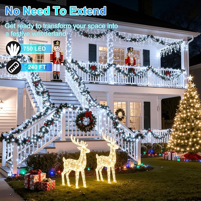 240FT 750LED Christmas Lights,12 Modes Cool White Outdoor String Lights with Timer & Dimmable, Waterproof Green Wire Christmas String Lights for Indoor Tree Xmas Patio Fence Wedding Party Decor