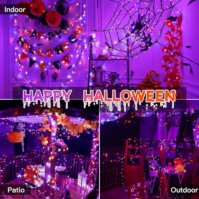 33FT 100 LED Halloween Lights, Orange + Purple Halloween Lights Outdoor with 8 Lighting Modes, Waterproof String Lights for Halloween Christmas Outdoor Party Yard Garden Decoration