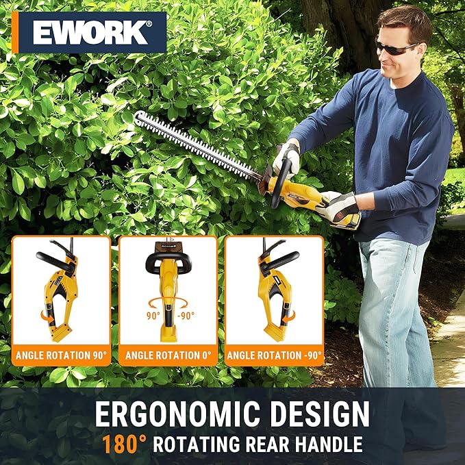 EWORK 20V Cordless Hedge Trimmer 22-Inch Electric Bush Trimmer, 5/8 Cutting Capacity, Battery Powered Lightweight Handheld Shrub Trimmers with Battery and Charger for Garden, Yard