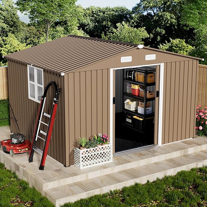 10x8FT Outdoor Storage Shed with Floor & Lockable Sliding Doors,Metal Storage Shed with 1 Air Vents,Waterproof Garden Shed for Backyard,Patio, Lawn,(Brown,Base Included)