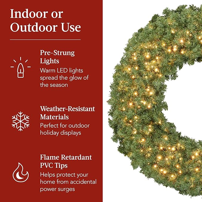Best Choice Products 30in Large Artificial Pre-Lit Fir Christmas Wreath Holiday Accent Decoration for Door, Mantel w/Red Lighted Bow, 130 LED Lights, 220 PVC Tips, Power Plug-in