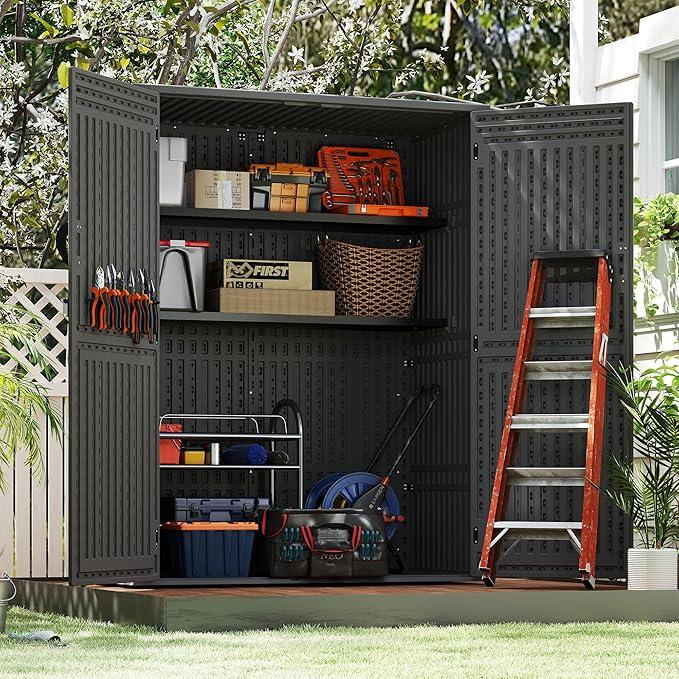 Vertical Resin Storage Shed, 60 Cuft Garden Tool Sheds & Outdoor Storage, Plastic Outdoor Storage Cabinet Waterproof, 4.5 x 2.3 ft Backyard Outside Lawn Mower Storage Shed, Grey