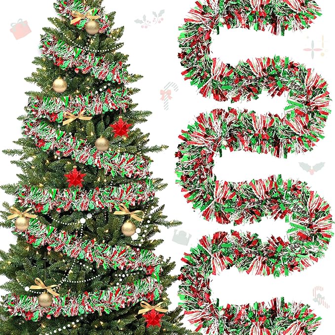 177 Feet Christmas Tinsel Garland Metallic Shiny Hanging Christmas Tree Tinsel Garland Ornaments for Indoor Outdoor Party Wedding Holiday(Red Green Silver)