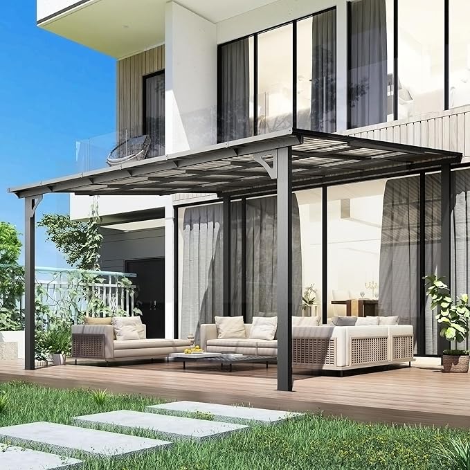 U-MAX Outdoor Pergola 12' x 12' Gazebo, Large Wall-Mounted Lean to Metal Awnings for Patio, Large Panel Roof Gazebos on Clearance for Outdoor Use