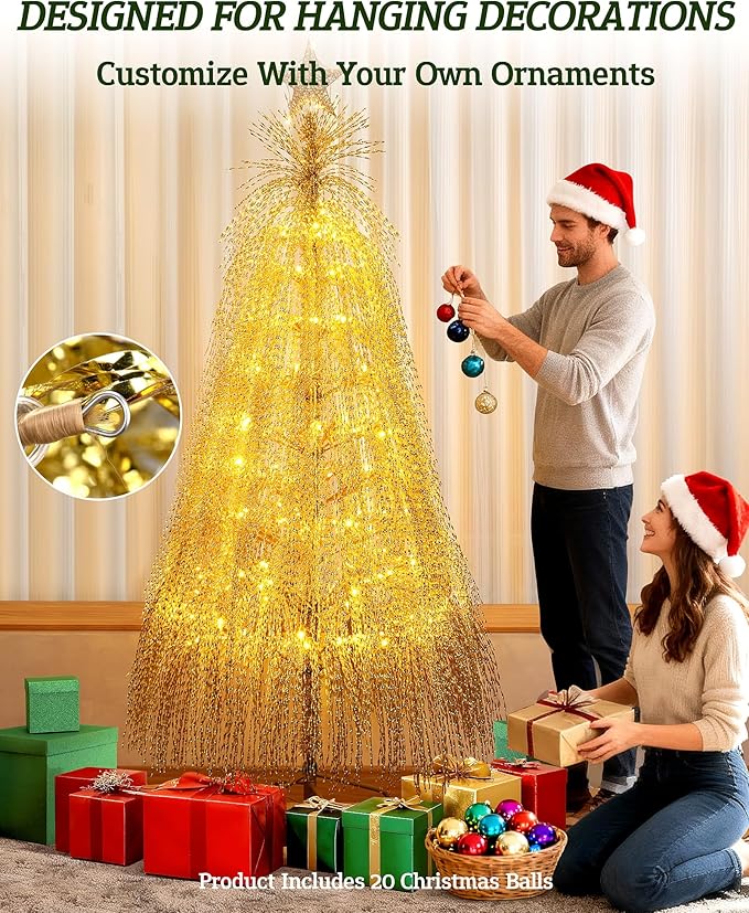 6.5ft Pre-Lit Artificial Christmas Tree, Christmas Tree with 180 LED Lights, 8 Lighting Modes, 2800 Tinsel Branches, Perfect for Indoor, Home, Party, Office, Apartment Decoration (Gold)