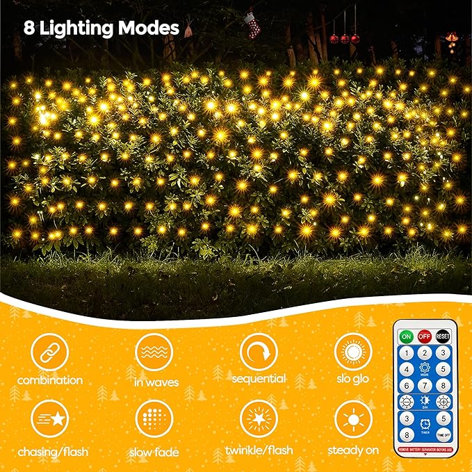 WBao Solar Christmas Lights Outdoor 360LED 11.5ft x 6.9ft Christmas Net Lights with Remote, 8 Lighting Modes, Timer, Waterproof for Lawn, Bushes, Shrubs, Trees Outdoor Xmas Decorations, Warm White
