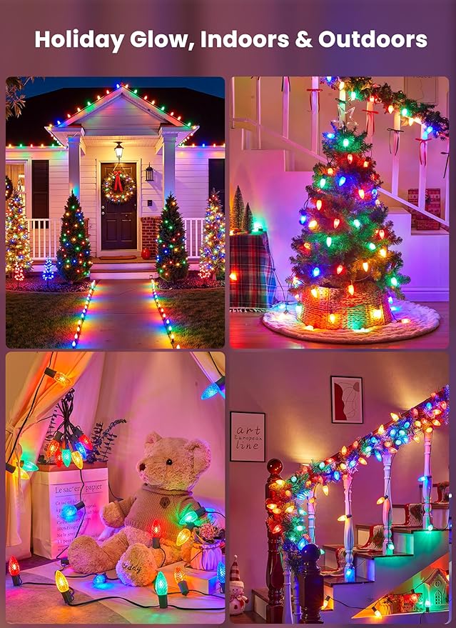 C9 Christmas Pathway Lights Outdoor, 25.7 Feet 20 LED C9 Strawberry Walkway Lights with Marker Stakes, Connectable Shatterproof C9 String Lights for Lane Outside Yard Decorations, Multicolored