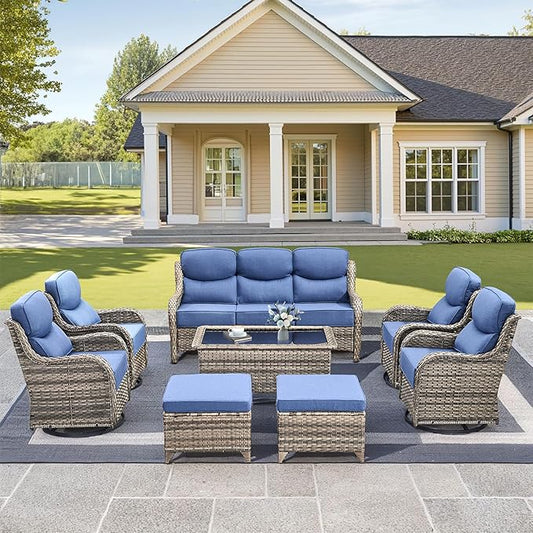 Luxury High Back Outdoor Furniture with 6-Inch Thick Cushions, Patio Furniture Set with Swivel Chairs, 8 PCS Wicker Conversation Set for Porch, Balcony, Deck and Yard