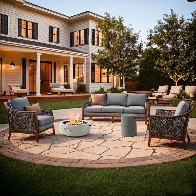 24'' Round Propane Fire Pit Table, Outdoor Steel Firepit with Lava Rocks - Compact Patio Heater for Deck, Balcony, Small Backyard (Tank Not Included).