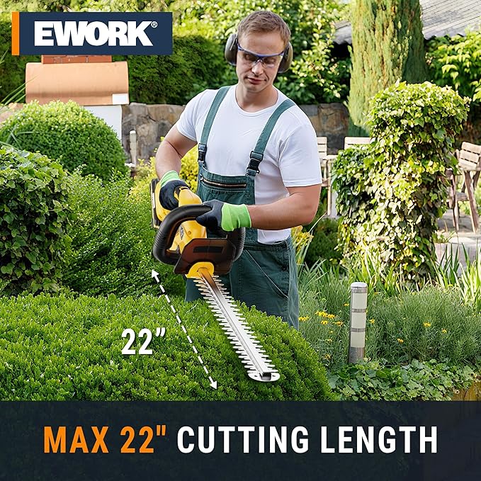 EWORK 20V Cordless Hedge Trimmer 22-Inch Electric Bush Trimmer, 5/8 Cutting Capacity, Battery Powered Lightweight Handheld Shrub Trimmers with Battery and Charger for Garden, Yard