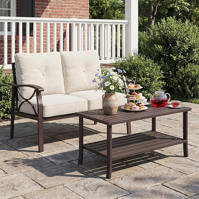 2-Pieces Outdoor Patio Furniture Set, Outdoor Metal Sectional Furniture with Cushions, Outdoor Conversation Set with Coffee Table for Balcony, Deck, Backyard, Garden, Khaki