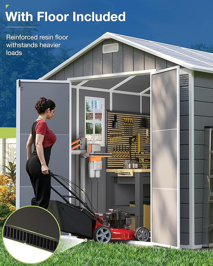 Amopatio 10x8 FT Storage Shed, Resin Shed with Floor Included, Plastic Sheds Outdoor Storage for Bike, Garden Tools, Sheds & Outdoor Storage with Lockable Door, Window & Vents, Grey & White