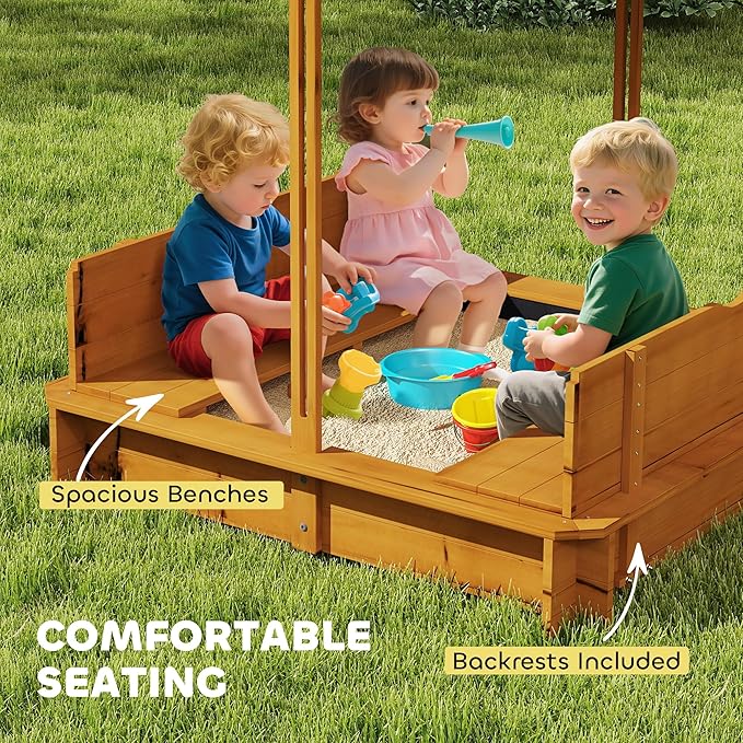 Outsunny Wooden Sandbox with Lid, Kids Sandbox with Canopy Outdoor, Sand Box with Foldable Bench Seats and Sand Protection, Bottom Liner Included, Kids Gift for Aged 3-7, 47X47 in, Red