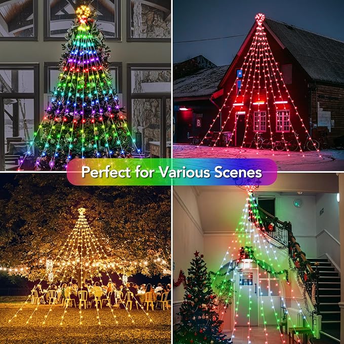 16.4FT Smart RGB Christmas Waterfall Lights with Star, APP & Remote Control, DIY Custom Light Show & Music Sync, Timer, 245 LEDs Color Changing Outdoor Decor for Xmas, Yard, Party