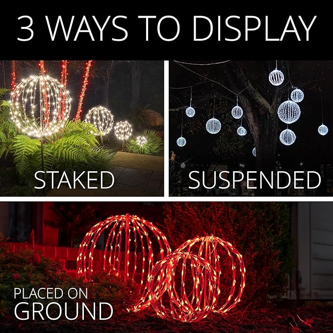 Wintergreen Lighting LED Light Ball – Indoor/Outdoor Christmas Light Balls, Light Spheres Outdoor/Sphere Light Fold Flat Metal Frame (16, White Frame/Cool White Lights)