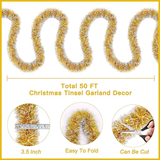 50FT Gold White Christmas Tinsel Garland Metallic Twist Shiny Christmas Tree Decorations, Xmas Holiday Hanging Garland for Home Mantle Stair Indoor Outdoor Holiday Decor Party Supplies - Gold White
