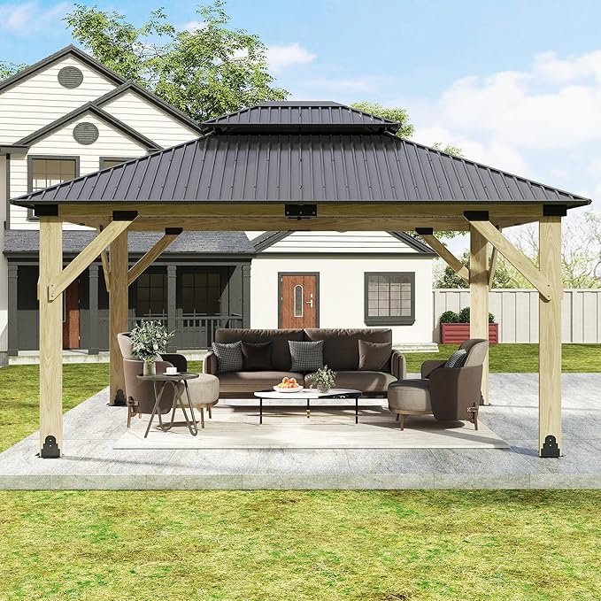 13'x15' Wood Gazebo,Outdoor Hardtop Gazebo with Galvanized Steel Doule Roof, Wooden Frame Gazebos for Patio Backyard Deck
