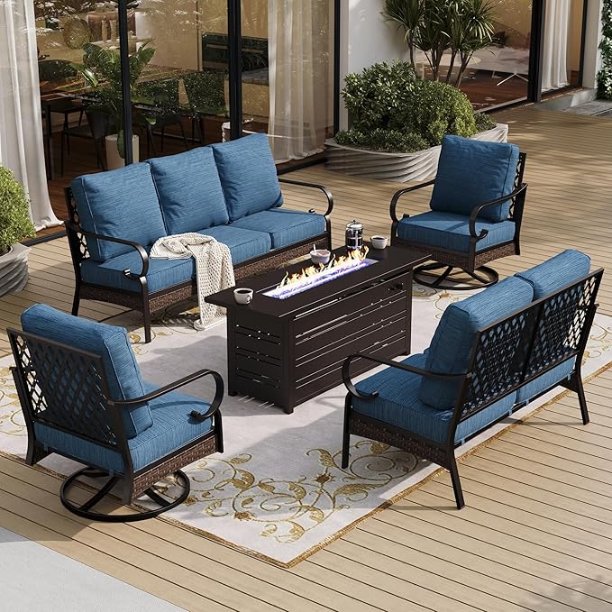 5 Piece Metal Outdoor Patio Furniture Set with Firepit Table, Patio Conversation Sets 1 3-Seater Sofa, 1 2-Seater Loveseat, 2 Swivel Chair with 5.75" Cushion for Backyard Deck, Blue-2