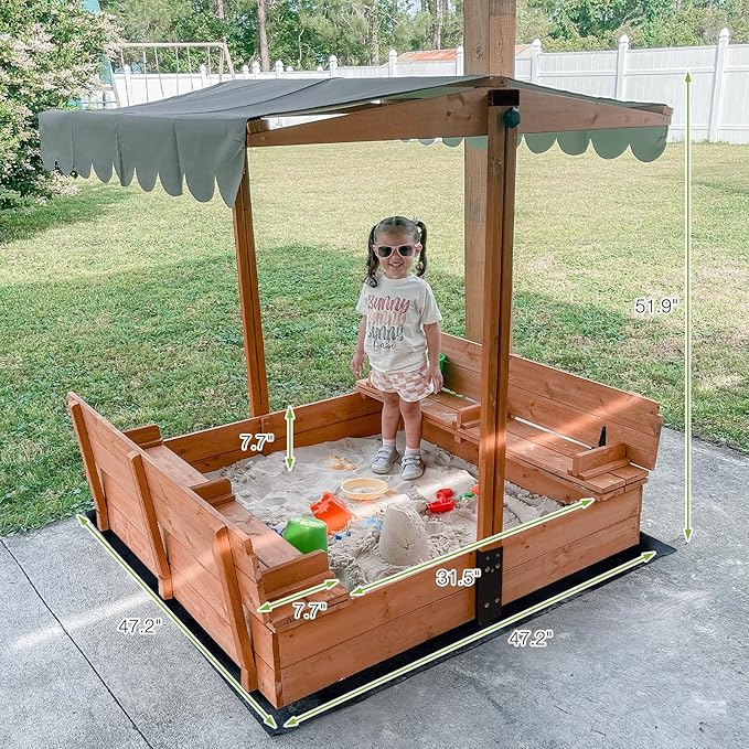 Sandbox with Lid Wooden Kids Sand Box for Backyard with Canopy and Foldable Bench Seats,UV-Resistant,Adjustable Height Roof