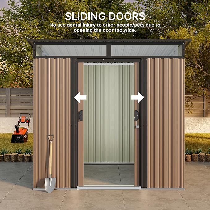 Gizoon 6'x4' Outdoor Storage Shed Metal Garden Shed with Sliding Lockable Doors, Versatile Tool Bike Shed with Transparent Panel Windows, Outdoor Storage Clearance for Backyard, Patio, Light Brown