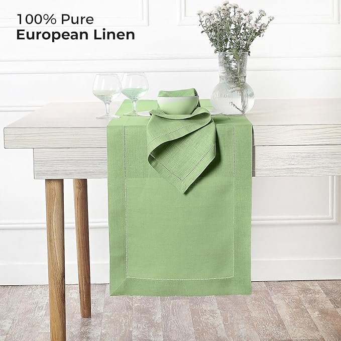 D'Moksha Homes Linen Sage Green Table Runner 60 Inches - Classic Hemstitch, 100% Pure Linen Coffee Table Runner 14 x 60 Inch Ideal for Dresser Tables - Fall, Thanksgiving, Christmas, Holiday