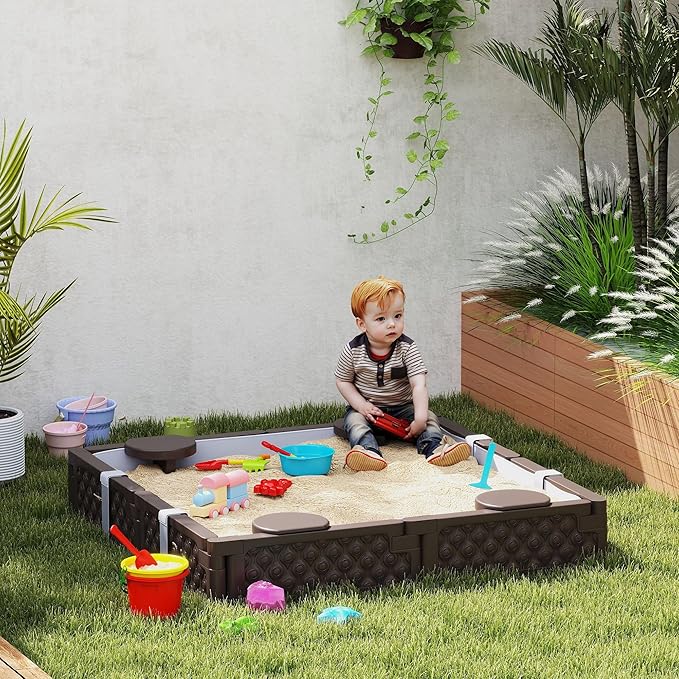 Qaba Kids Sandbox with Cover, Square 47 HDPE Large Sand Pit with 4 Seats, Waterproof Bottom Liner, Weather Resistant Outdoor Sand Box for Backyard, Lawn, Garden, Beach, Patio, Brown