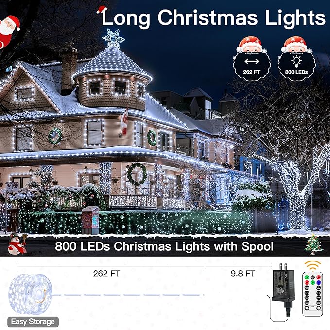 Christmas Lights Outdoor 262 FT 800 LED, Plug-in String Lights for Classroom, Clear Wire 8 Modes LED White String Light, IP67 Waterproof Christmas Tree Lights for Bedroom Indoor Wedding Holiday Decor