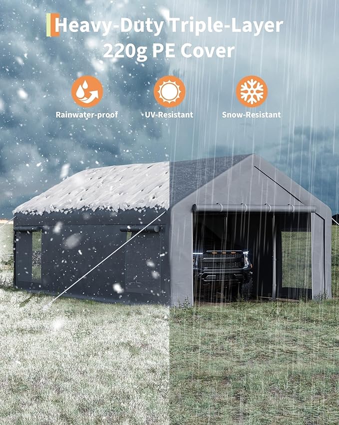 13X25 FT Portable Carport Garage with Roll-Up Windows & Doors, Heavy-Duty 200g PE Tarp, Waterproof & UV Protected Outdoor Shelter for Car, Boat, Truck, Motorcycle