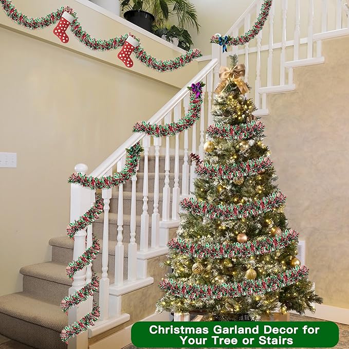50FT Red Green Silver Christmas Tinsel Garland Metallic Twist Shiny Decorations for Christmas Tree Mantle Stair Indoor Outdoor Party Supplies