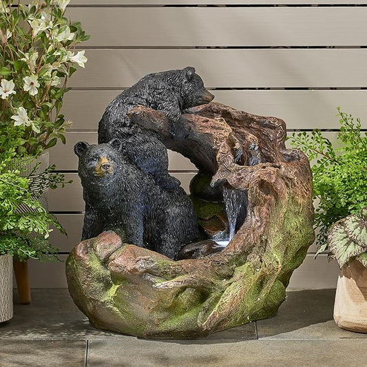 Merax 22" High Bear Log Fountain, Outdoor Weather-Resistant Fountain with LED Lights, 2-Tier Waterfall for Garden or Patio, Light Brown+Black