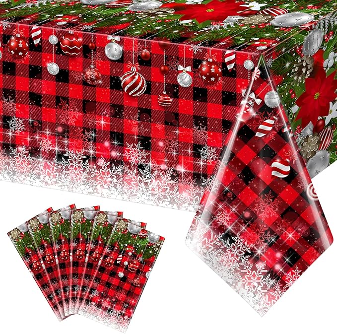 6Pcs Christmas Buffalo Plaid Snowflake Tablecloths,Plastic Red and Black Checkered Rectangle Christmas Tree Color Ball Table Cover for Winter Xmas New Year Holiday Party Decorations,54x108 inch