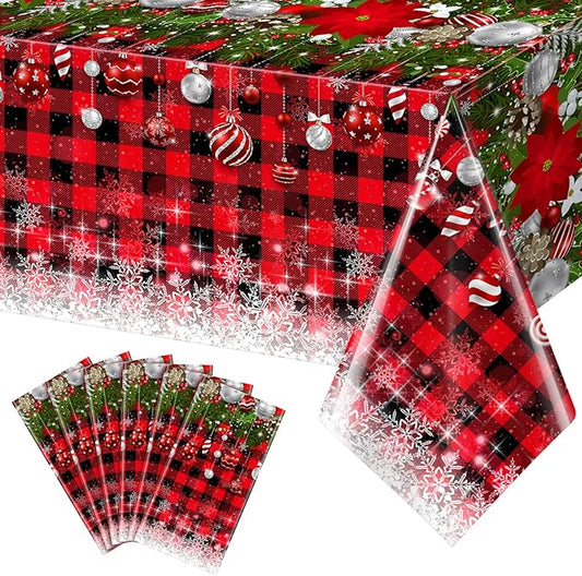 6Pcs Christmas Buffalo Plaid Snowflake Tablecloths,Plastic Red and Black Checkered Rectangle Christmas Tree Color Ball Table Cover for Winter Xmas New Year Holiday Party Decorations,54x108 inch