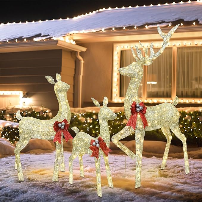 winemana 5ft Reindeer Christmas Outdoor Decorations, Set of 3 Extra Large Deer Yard Decor- Lighted 3D Reindeer Family Set for Outside Lawn Garden Xmas Holiday Party Decor (Gold)