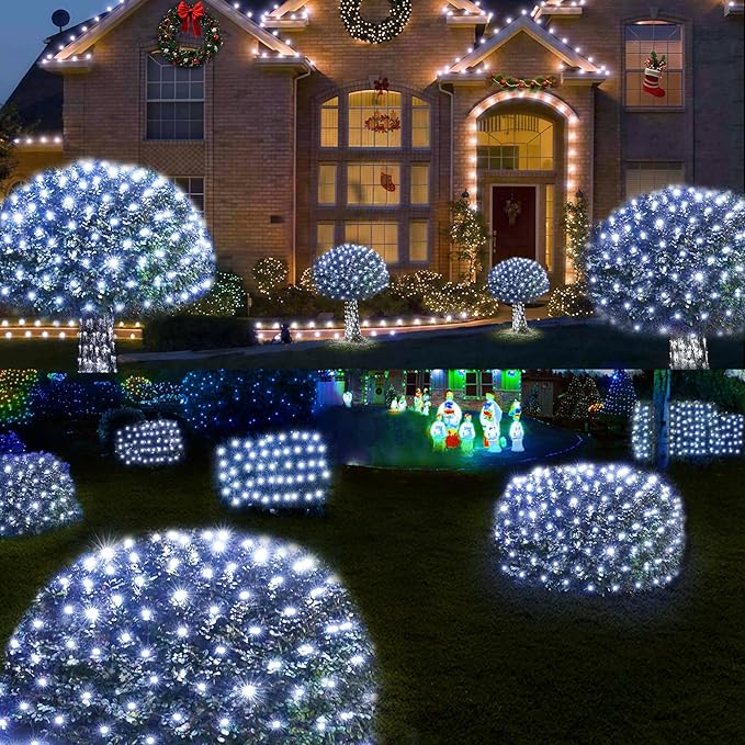 WBao Solar Christmas Lights Outdoor 360LED 11.5ft x 6.9ft Christmas Bushes Lights with Remote, 8 Lighting Modes, Timer, Waterproof for Lawn, Bushes, Trees Outdoor Xmas Decorations, Cool White