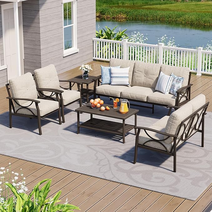 6-Pieces Outdoor Patio Furniture Set, Outdoor Metal Sectional Furniture with Cushions, Outdoor Conversation Seating Set with Coffee Table for Garden, Balcony, Deck, Backyard, Khaki
