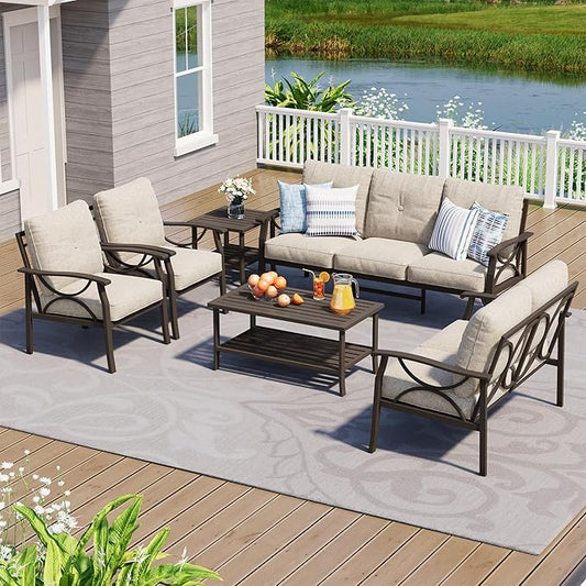 6-Piece Outdoor Patio Furniture Set, Outdoor Metal Sectional Furniture with Cushions, Outdoor Conversation Seating Set with Side Table for Deck, Backyard, Garden, Balcony, Khaki