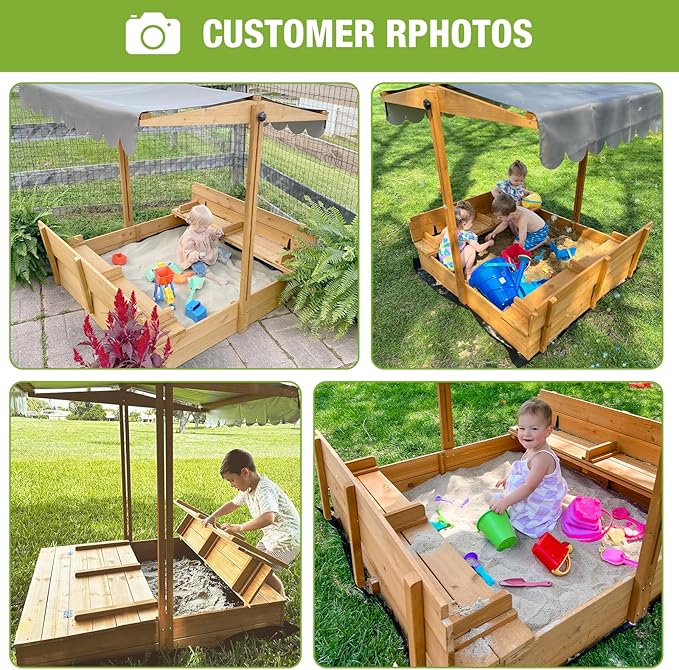 Kids Sandbox with Lid Sand Box with Cover,Foldable Bench Seats, Adjustable Height Roof,Bottom Liner