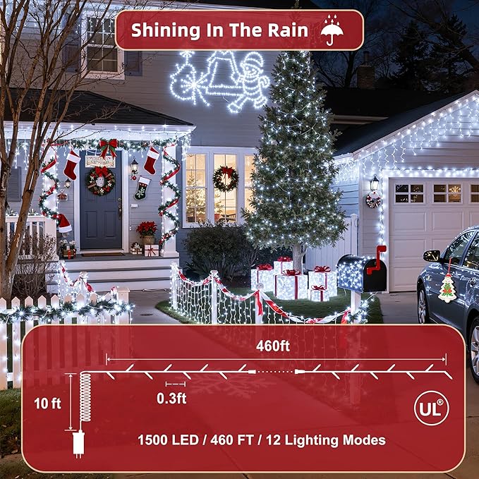 470ft Outdoor Christmas Lights, 1500 LED Super Long String Lights 12 Modes & Timer Memory, Dimmable Outsite Waterproof Light Strings for Xmas Tree Garden Wedding Party Holiday Decorations Cool White
