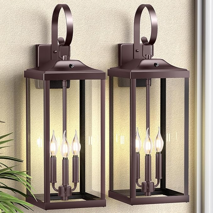 2 Packs 24" Extra Large Dusk to Dawn Light Fixture 3-Light, Oil Rubbed Bronze Outdoor Porch Lantern Wall Mounted, Waterproof Modern Outside Wall Sconce Brown Lamp for House, E12