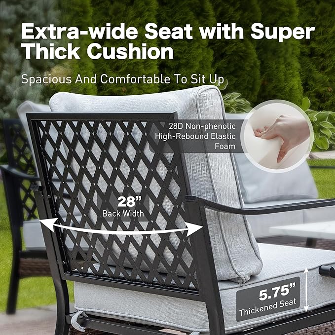 6 Piece Metal Outdoor Patio Furniture Set with Firepit Table, Patio Conversation Sets 1 3-Seater Chair, 2 Leg Sofa & 2 Swivel Chair with 5.75" Cushion for Backyard Deck, Light Gray