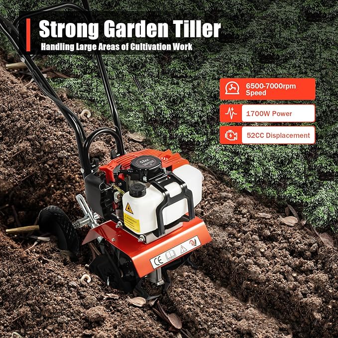 52CC 2-Stroke Gas Powered Tiller Cultivator 1700W Heavy-Duty Single Cylinder Motor, Gasoline Powered Garden Tiller, Garden Cultivator for Cultivation, Trenching, Soil Tillage, Loosening