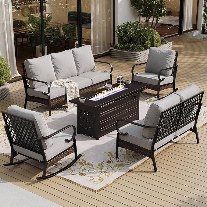 5 Piece Black Metal Outdoor Patio Furniture Sets with Firepit Table, Patio Conversation Sets 1 3-Seater Sofa, 1 Loveseat, 2 Rocking Sofa with 5.75" Cushion for Backyard, Light Gray