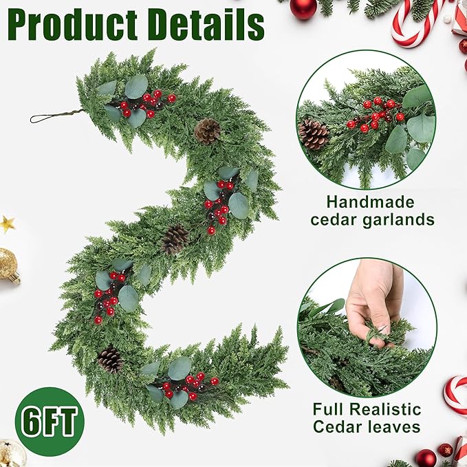 6ft Christmas Garland Realistic Soft and Thickness Green Faux Cedar Pine Garland Artificial Cedar Cypress Garland with Red Berries for Home Fireplace Wall Indoor Outdoor Holiday Party Decoration