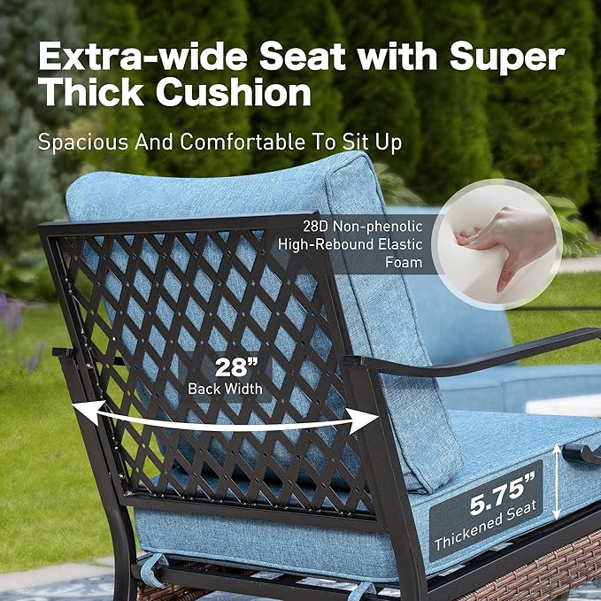 4 Piece Metal Outdoor Patio Furniture Sets with Firepit Table, Patio Conversation Sets 1 2-Seater Sofa, 2 Rocking Sofa with 5.75" Cushion Black Backyard Furniture for Deck, Denim Blue