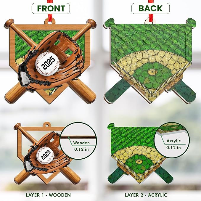 FLAGWIX Baseball Ornaments for Christmas Tree - 2D Flat (Not 3D) Suncatcher Christmas Ornaments 2025 for Tree Decorations - Baseball Gifts for Boys 12-14 and 8-12, Sports Gifts for Boys Son Team Coach
