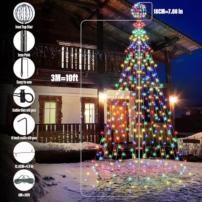 Flacchi 10 FT 432 LED Ball String Lights Outdoor - Pole Set with Remote, Multiple Lighting Modes, Timer, and Waterproof Feature for Ultimate Holiday Decor (Cool White & Multicolor)